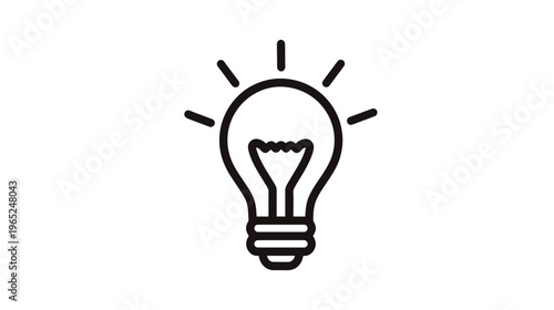 A black outlined illustration of a classic light bulb with emanating light rays
