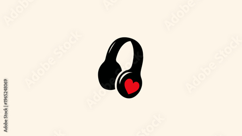 Black stylized headphones with a red heart on the side on a light cream-colored background