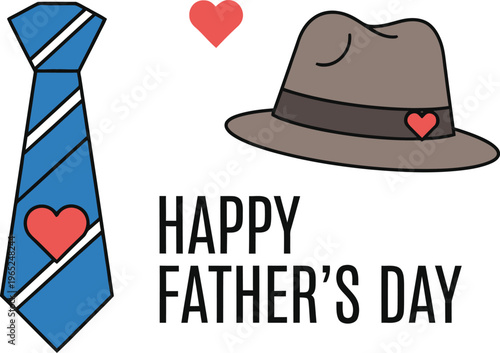 Happy Father's Day Vector Illustration Featuring a Blue Striped Tie and Brown Fedora Hat