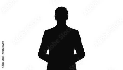 Frontal silhouette of a man in formal attire standing still with hands positioned near his waist against.