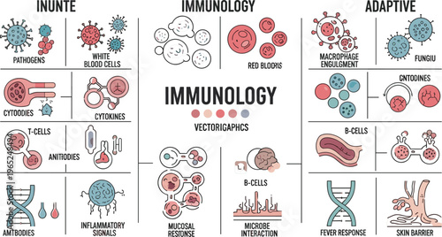 Immunology infographic vector illustration showing immune system components including antibodies, B cells, T cells, pathogens, cytokines and adaptive immune response education chart