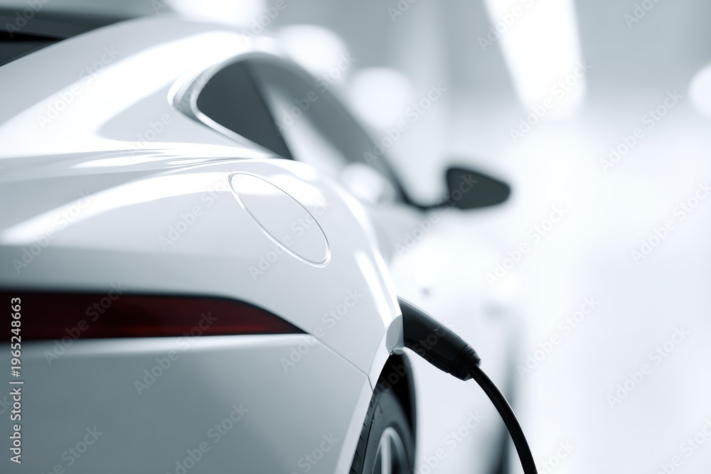Naklejka premium Electric vehicle (EV) charging cable plugged into a sleek white car, modern home garage, tech style, clean aesthetic