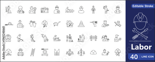 Construction and Labor Line Icons Set – Workers, Tools and Safety Equipment Editable Stroke Vector illustration | 40 Icon Pack | Labor Minimal Outline Vector Icons Set