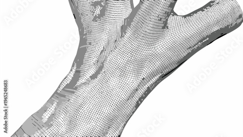 Detailed vector illustration of a gnarled root wireframe on a white background showcasing a mesh grid pattern and organic texture
