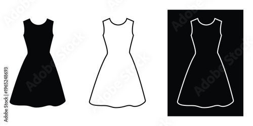 Three variations of a simple sleeveless A-line dress in black white and outlined on black