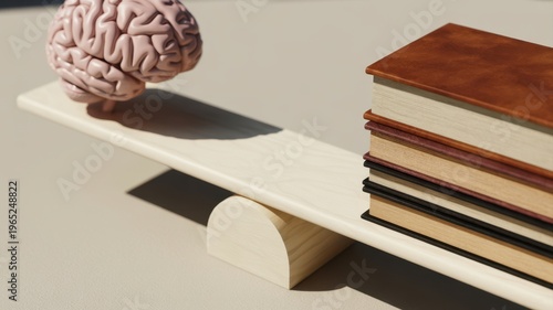 Brain and stack of books balanced on wooden seesaw concept of knowledge and intelligence education and learning balance