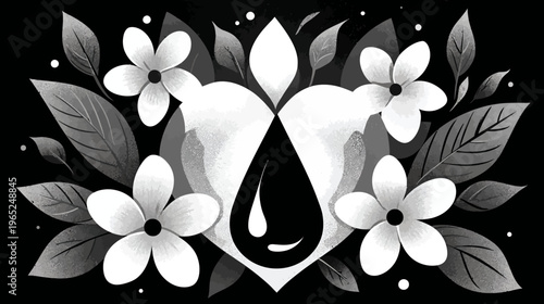 Black and white illustration of floral elements surrounding a heart shape with a central teardrop