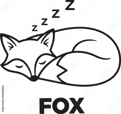 Simple black and white line art illustration of a cute sleeping fox curled up with zzz symbols and bold fox text for children nursery