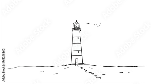 A tall, sketched lighthouse stands on a small island, birds fly above it, and a path leads away