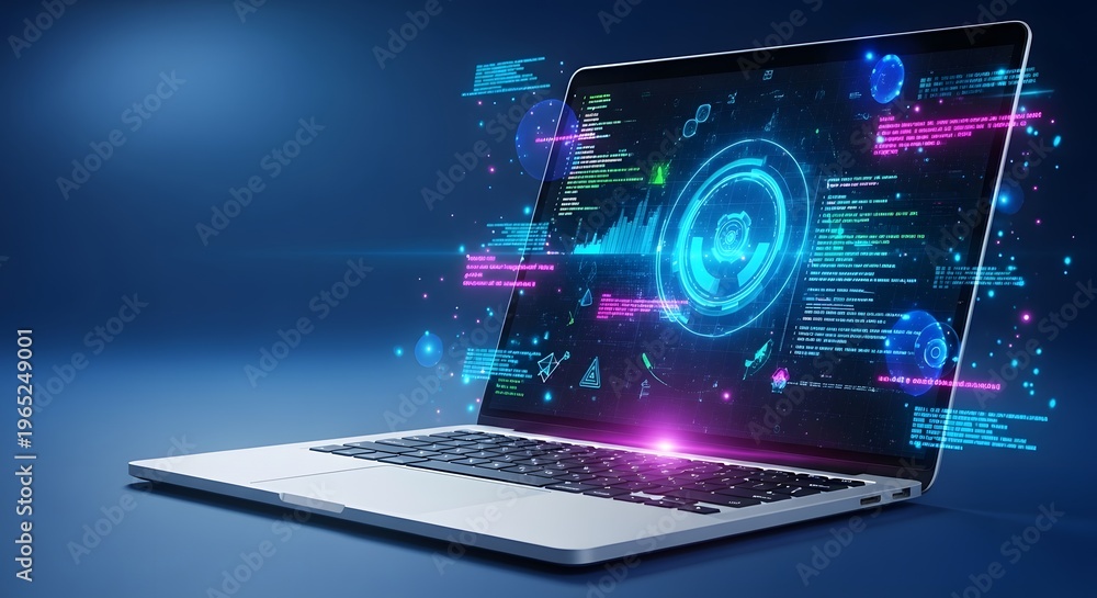 Fototapeta premium A futuristic laptop with a vibrant neon lit screen displaying digital patterns and codes
