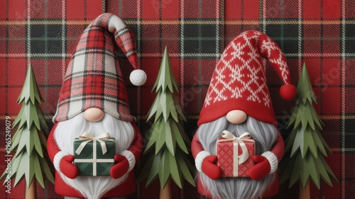 Christmas gnomes holding gift boxes with pine trees on red plaid background festive holiday decoration pattern