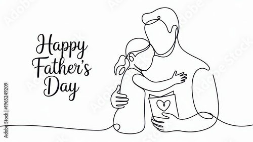 Father hugging child with greeting card on white background, happy fathers day text minimalist line drawing family love concept
