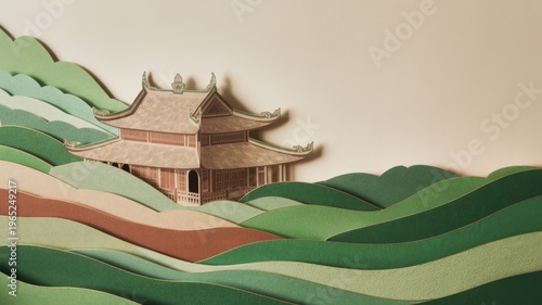 Traditional asian temple in layered paper landscape with rolling hills on beige background, minimal cultural scene and travel concept