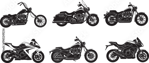 Set of detailed black motorcycle silhouettes including cruiser sportbike chopper and touring bikes isolated on white background for automotive transport and biker lifestyle design