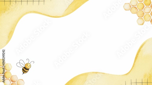 Cute bee with honeycomb elements and watercolor yellow frame on white background copy space natural organic design