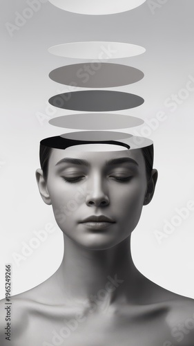 Minimal surreal portrait of woman in grayscale with geometric circles above head, modern concept of mind and emotional balance