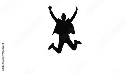 Dark silhouette of a joyful person jumping high with both arms raised in celebration against white.