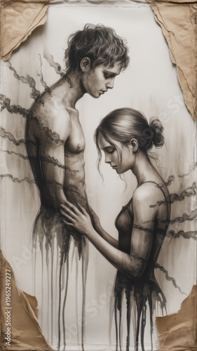 Emotional couple in abstract ink style with flowing lines on aged paper background expressive relationship concept