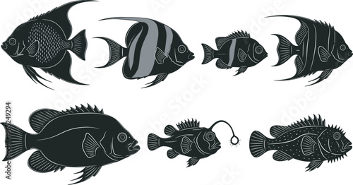 Set of detailed black and white fish silhouettes featuring angelfish Moorish idol and anglerfish isolated on white background for marine life and aquatic design