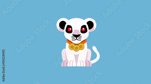 A white cub with red eyes, sitting and wearing a necklace with golden coins against a blue background