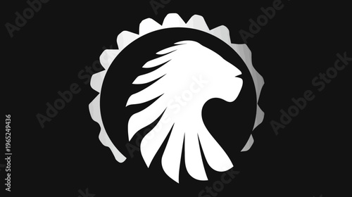 Stylized white lion head in a circle with a jagged edge against a black background