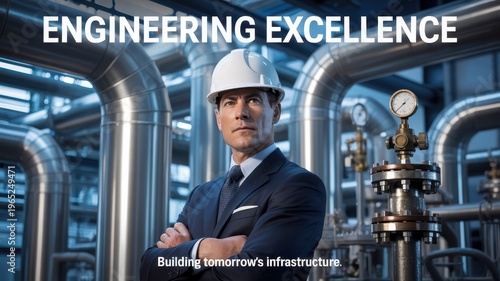 Confident engineer in hard hat standing in industrial facility with pipes and gauges, engineering excellence and modern infrastructure concept