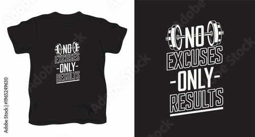 No excuses only results gym workout slogan with barbell icon