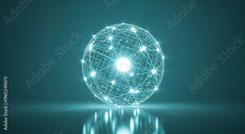 A glowing interconnected sphere of light and lines represents global networks and futuristic technology high-quality
