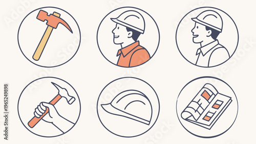 Flat vector images of construction sites. Tools, equipment, materials, workers. Vector for design, advertising of construction companies, and presentations.