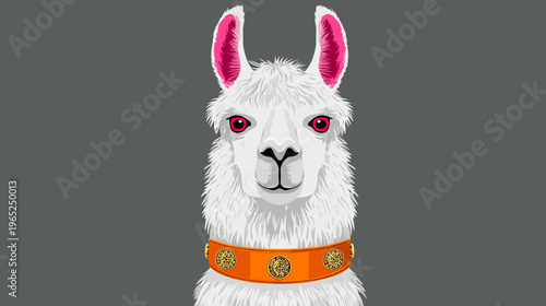 Digital illustration of a llama with white fur, pink ears and eyes, and an orange collar