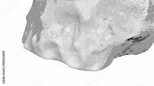 Wireframe macro crystalline structure with ultra detailed mesh grid on irregular surface grey tones on white background
