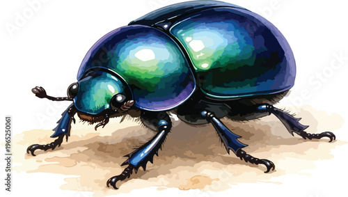 A blue beetle on a sandy surface watercolor illustration