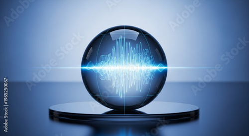 A glowing orb displays a bright dynamic waveform suggesting advanced technology and data visualization high-quality
