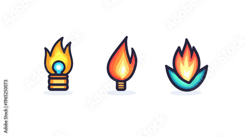 Three stylized flames, each unique in form, representing fire in different ways on white background