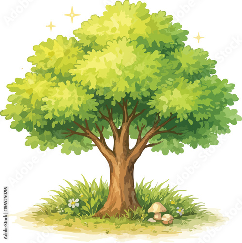 A large green tree with a brown trunk and mushrooms watercolor illustration