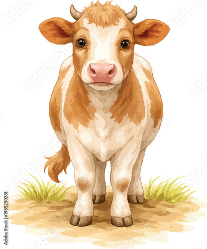 A brown and white calf standing on the ground watercolor illustration