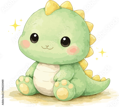 A cute green dinosaur with yellow spikes and rosy cheeks watercolor illustration