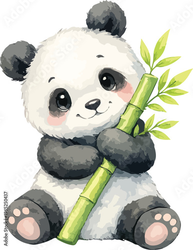 A cute panda bear holding a bamboo stalk watercolor illustration