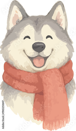 A smiling husky dog wearing a scarf watercolor illustration
