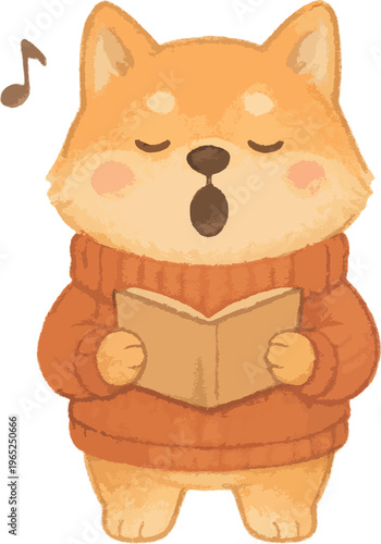 A cute dog reading a book and singing watercolor illustration