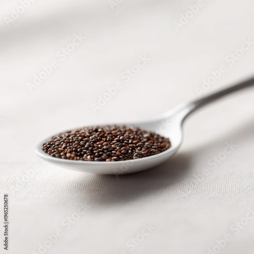Close-up of chia seeds on a white spoon, macro photography, sharp details, minimalist