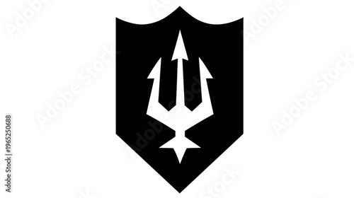 A black and white emblem featuring a trident within a shield-like form with a pointed bottom