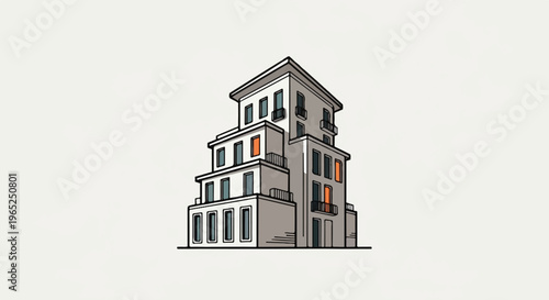 Stylized illustration of a multi-story building with varied window placements and balconies