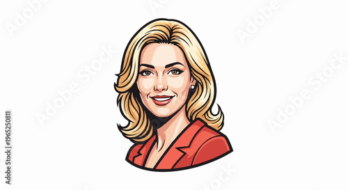 Stylized portrait of a smiling woman with blonde hair and red jacket