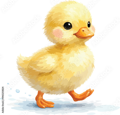 A yellow duckling with orange feet and beak watercolor illustration