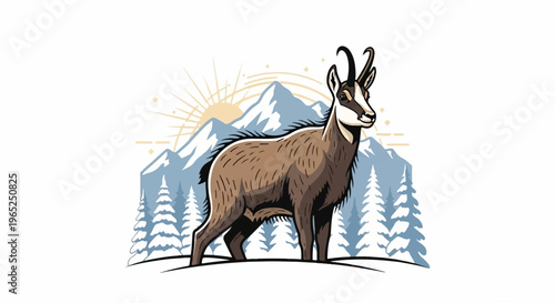 Stylized mountain goat stands on snowy terrain with stylized sun and trees