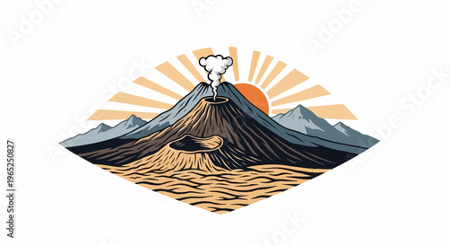 Stylized volcano erupting with smoke against a sunrise backdrop