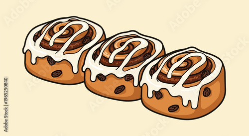 Three delicious cinnamon rolls with white icing and raisins