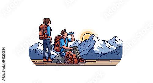 Two hikers with backpacks take a break by snowy mountains at sunrise