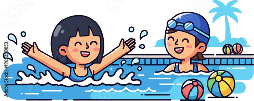 Two cheerful kids joyfully splashing and playing in a swimming pool on a sunny day
